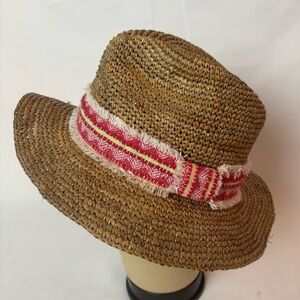 Athleta Straw Woven Crochet Fedora Sun Hat Red Boho Frayed Band Women’s One Size